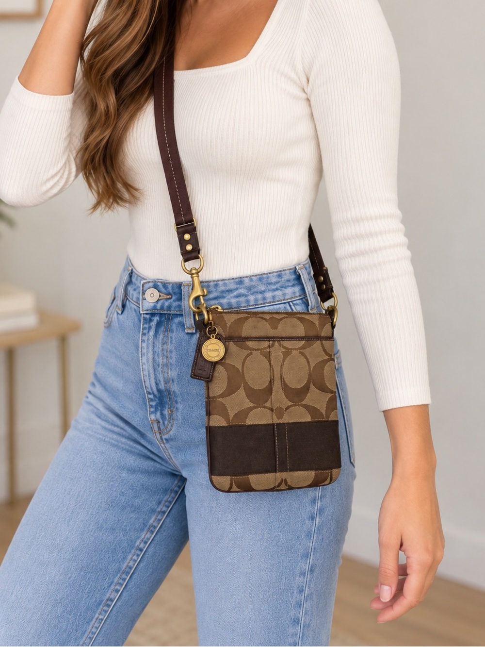 Coach Signature Jacquard Brown Tan Crossbody Bag Gold Hardware